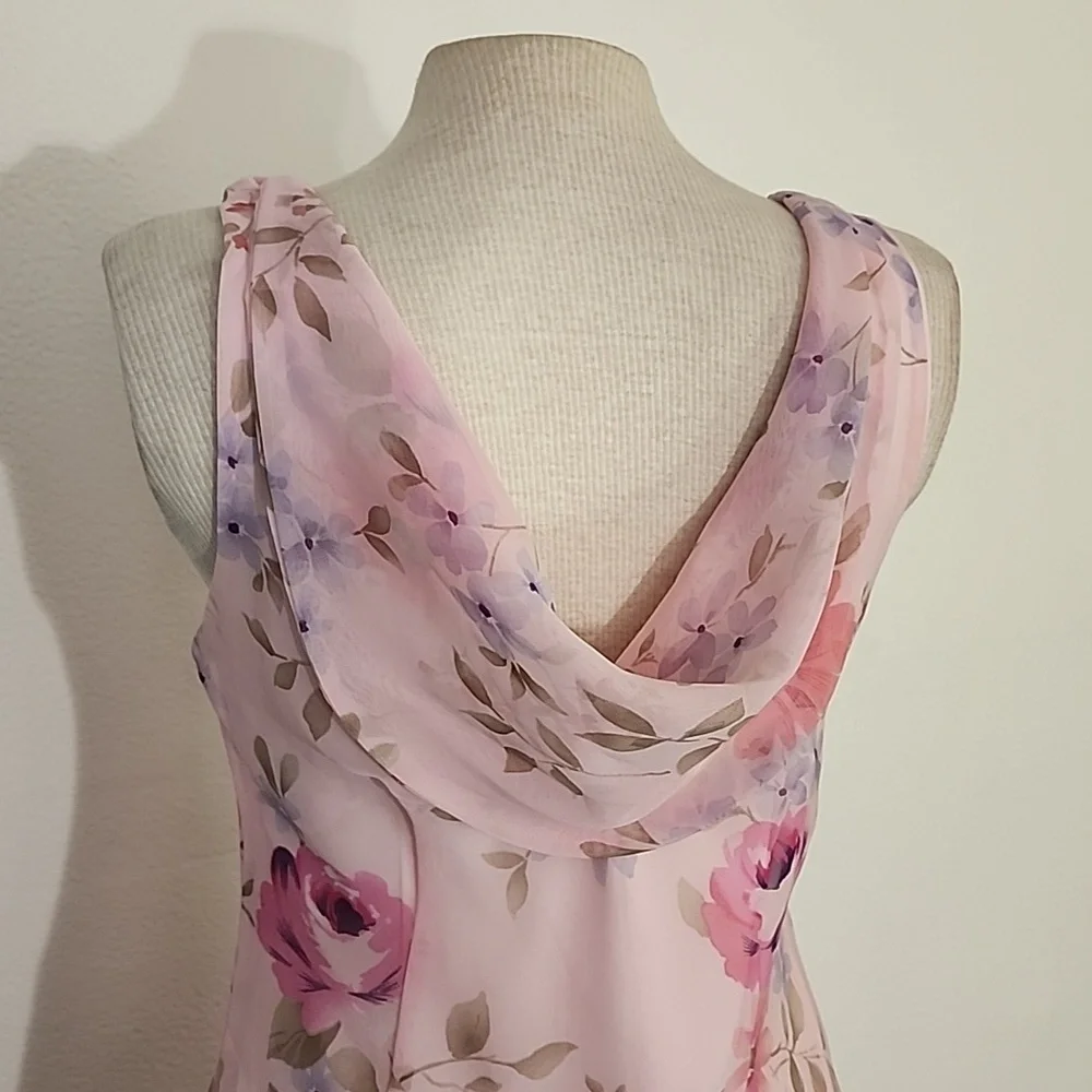 Dress Cowl Drape Back Floral Semi Sheer Overlay Lined Pink Size M - Picture 8 of 9